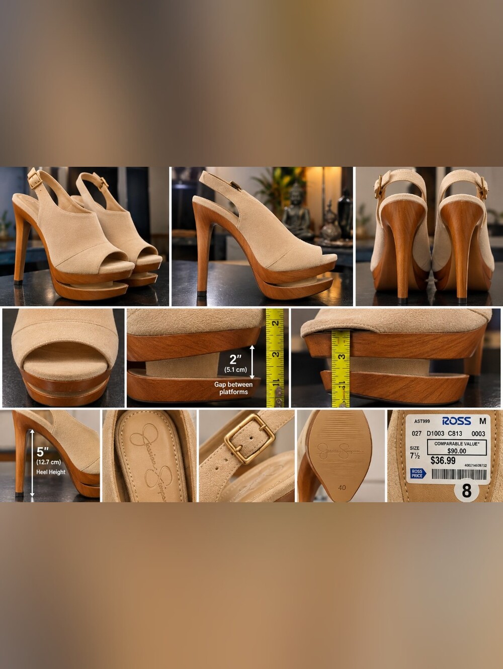 Jessica Simpson Beige Suede Platform High Heels with Wood-Tone Sole